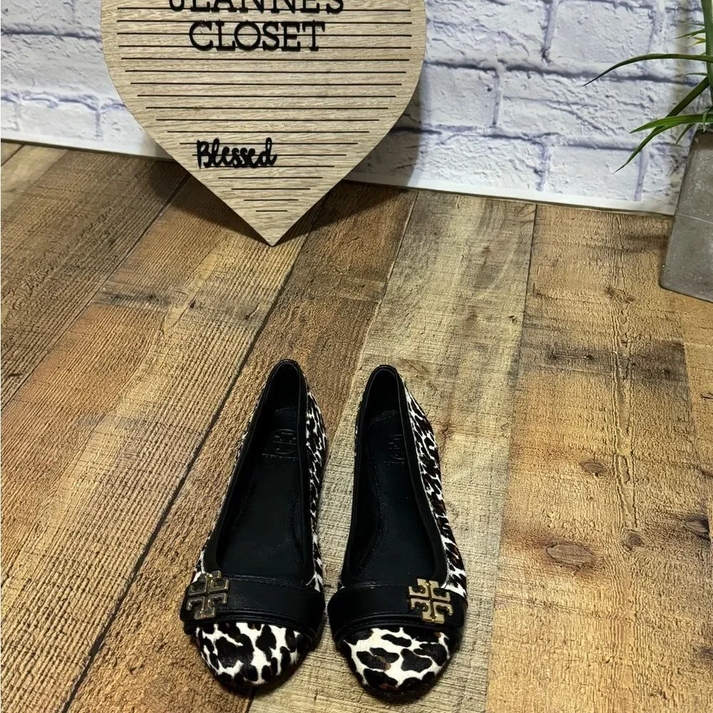 Tory Burch Eloise 2 Calf Hair Ballet Flats Shoes Leopard Black Size 6.5 M